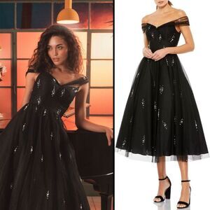 Mac Duggal 26498 Size 2 Black Off The Shoulder Pearl Tulle Cocktail Midi Dress